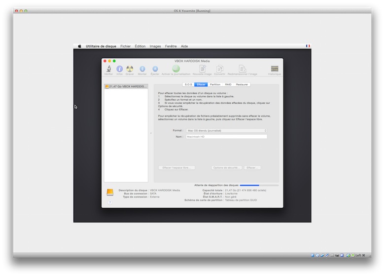 Dans Virtualbox, il nous a fallu formater le disque virtuel à l'aide de l'Utilitaire du disque du programme d'installation pour pouvoir installer OS X Yosemite.