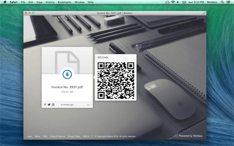 Une page de téléchargement d'un fichier. Le fond est personnalisé, le QR code permet de récupérer le fichier sur un mobile, et le fichier pourrait être protégé par mot de passe au besoin.