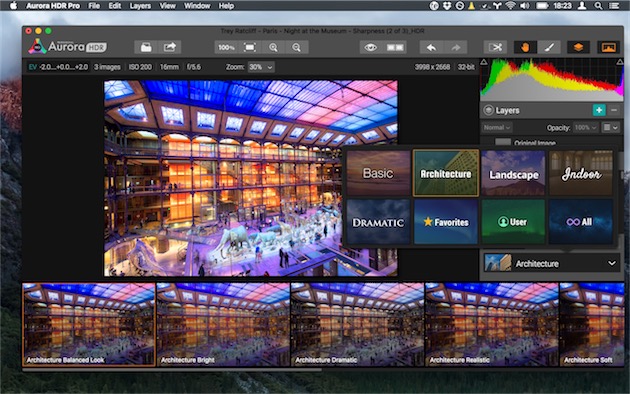 Aurora HDR intègre tous les outils nécessaires à la « fusion » HDR : tone-mapping, calques avec modes de fusion, textures, pinceaux de retouche locale, réglages de la clarté et de la structure… et des préréglages.