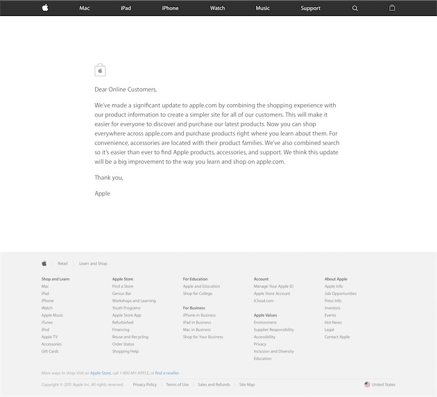 L’annonce de la dissolution de l’Apple Online Store, le 12 août 2015.