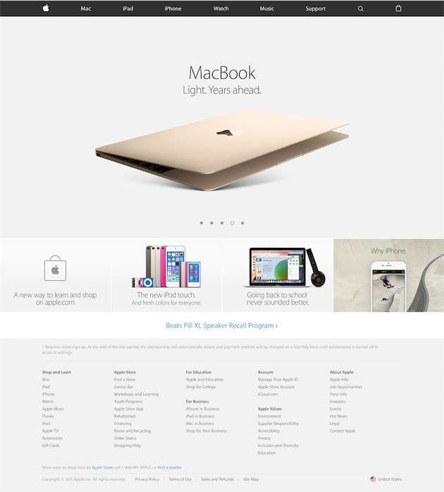 Le nouveau pied de page, ici avec la promotion pour le MacBook et la section « Pourquoi l’iPhone », le 12 août 2015.