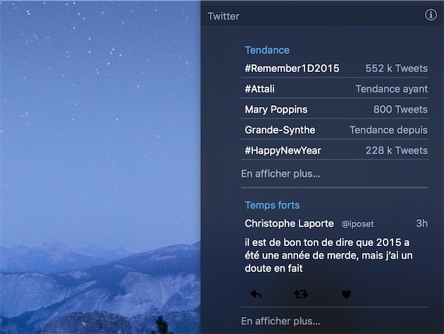 L’une des nouveautés de Twitter 4 : ce widget pour le Centre de notifications avec les « Tendance » et des « Temps forts » puisés dans votre timeline.