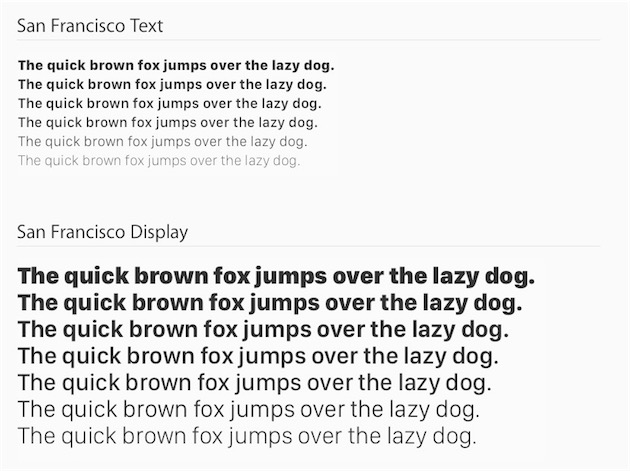 Comme Apple le montre très bien, San Francisco Display est plus adaptée à la grande taille des titres, alors que San Francisco Text est plus adaptée à la petite taille du contenu. La plupart des graisses (les « épaisseurs ») de San Francisco Text sont déclinées en italiques, plus utiles dans le texte que dans les titres.