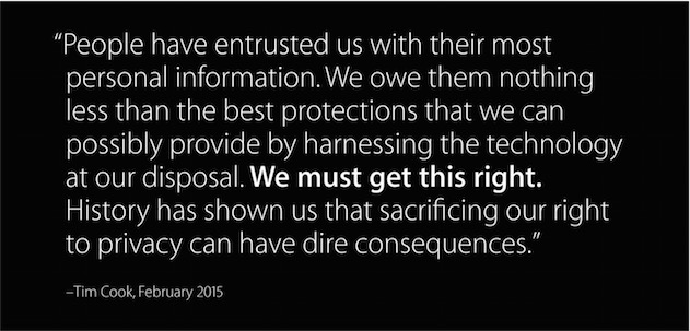 Tim Cook a été cité comme un philosophe dans les sessions sur la sécurité et la vie privée. Même Steve Jobs ne personnifiait pas à ce point la politique d'Apple — sans doute parce qu'il n'en faisait pas un instrument politique.