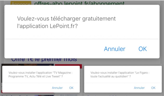 Ces boîtes de dialogue JavaScript ne bloquent pas Safari sur iOS, ici sur un iPad.