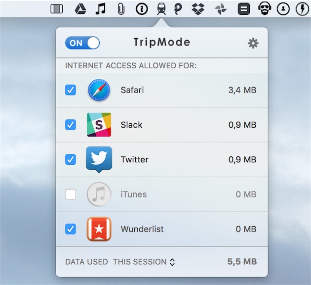 TripMode ne se contente pas de lister les applications les plus courantes, le logiciel permet aussi de bloquer un élément en un seul clic. Ici, iTunes est bloqué et le logiciel ne peut pas accéder au réseau.