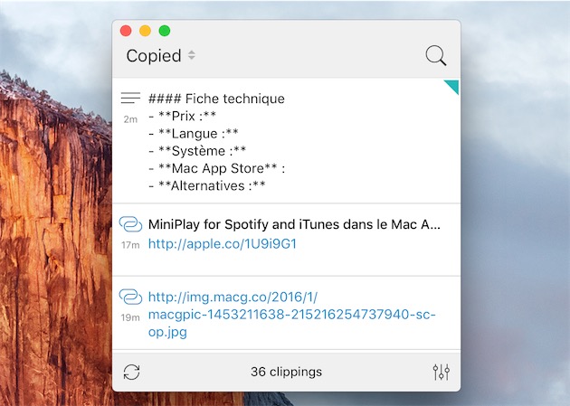 L’interface de Copied sur Mac. On peut aussi en faire un menu de la barre de menus si on préfère. Notez la distinction des liens et du texte brut.