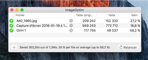 ImageOptim a permis de gagner 300 Ko sur ces trois fichiers, et l’une des images a vu son poids divisé par plus de deux dans l’opération !