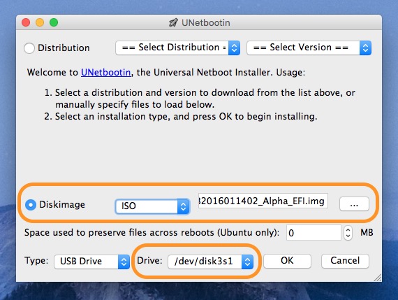 Après avoir branché votre clef USB, lancez UNetbootin. Sélectionnez Diskimage, cliquez sur … pour choisir l’image disque de Remix OS, puis choisissez bien ISO dans la liste déroulante. Normalement, votre clef USB a été reconnue automatiquement…