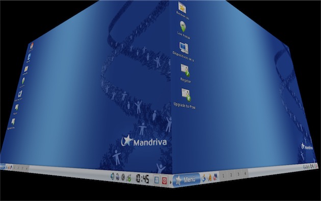 Mandriva, une distribution Linux française, aujourdhui disparue. Ici, la version 2008 avec un effet 3D en passant d’un bureau virtuel à l’autre.