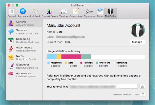Les réglages de MailButler, avec toutes les fonctions rassemblées en une seule interface.