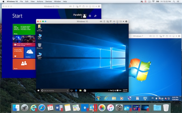 Parallels Desktop avec trois machines virtuelles qui tournent en même temps. Cliquer pour agrandir