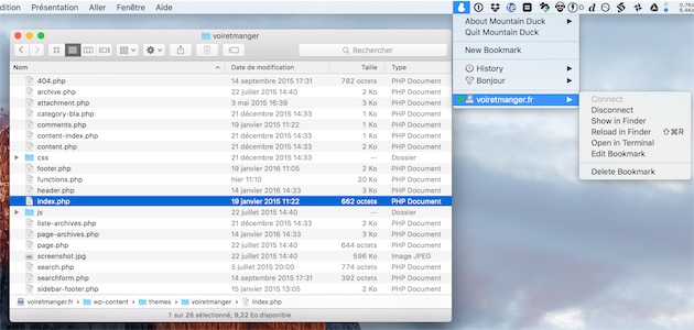 Mountain Duck intègre n’importe quel serveur FTP, WebDAV ou S3 au Finder. Son interface reste minimaliste : un menu affiché depuis la barre des menus d’OS X. — Cliquer pour agrandir