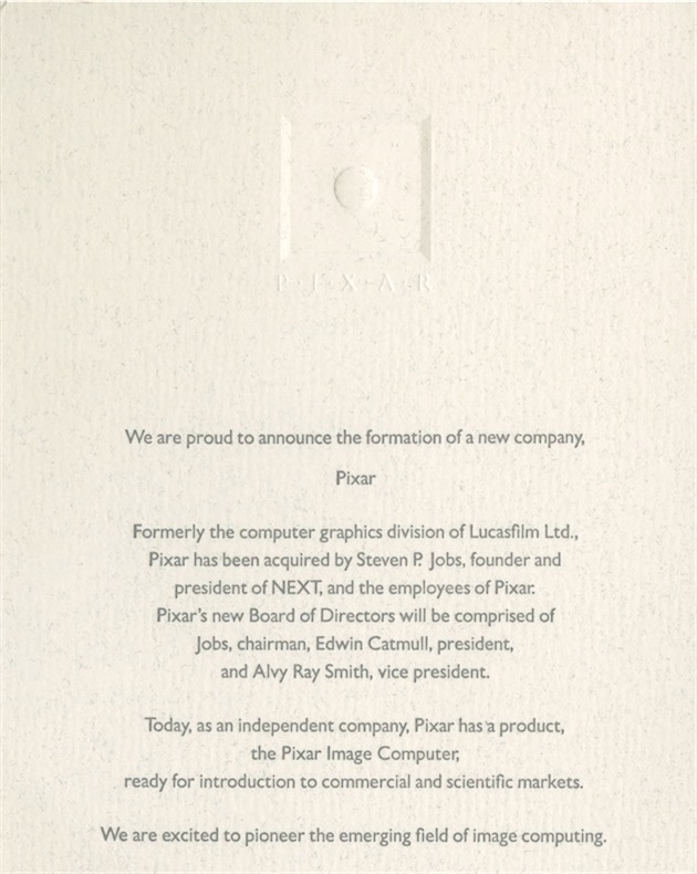 Le carton qui annonçait la création de Pixar (blog Disney)