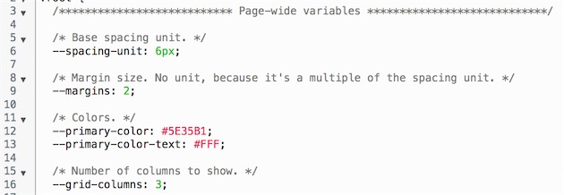 Quelques exemples de variables CSS : des espacements, un nombre de colonnes ou encore des couleurs. 