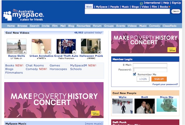 La page d’accueil australienne de MySpace en 2006. Image Jim Whimpey (CC BY 2.0)