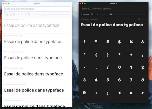 Typeface en action, avec la liste de polices en mode jour à gauche, la fiche technique d’une police en mode nuit à droite.