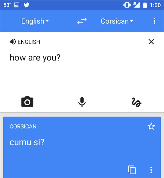 Traduction de l’anglais en corse, ici dans l’application Android adossée au service.