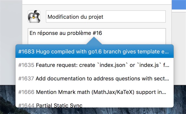 Autocomplétion également pour les « issues » listées sur chaque projet GitHub.
