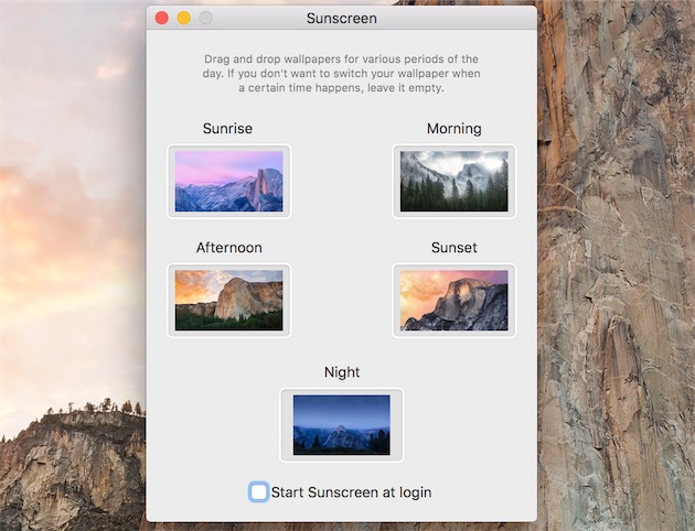 Sunscreen configuré avec les fonds d’écran de Yosemite et El Capitan. Vous pouvez naturellement choisir n’importe quelle autre image.