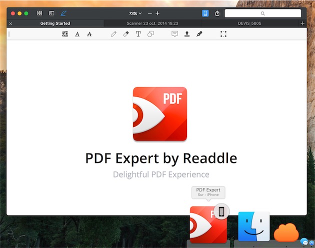 Sur Mac, PDF Reader est capable d’ouvrir un document affiché sur un appareil iOS via Handoff. Ici, l’icône est affichée dans le Dock d’OS X. — Cliquer pour agrandir