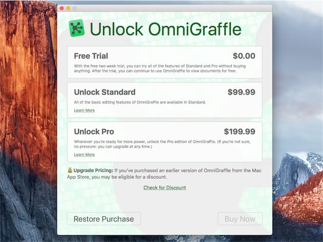 En téléchargeant OmniGraffle 7 sur le Mac App Store, vous verrez cet écran au démarrage. Sélectionnez l’une des trois options pour acheter l’un des trois achats in-app associés, le premier étant gratuit.