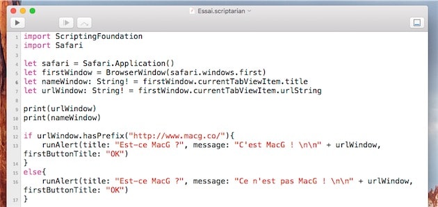 Un script très simple dans Scriptarian : il récupère l’URL du premier onglet dans Safari et affiche une boîte de dialogue qui indique s’il s’agit de MacGeneration ou non.