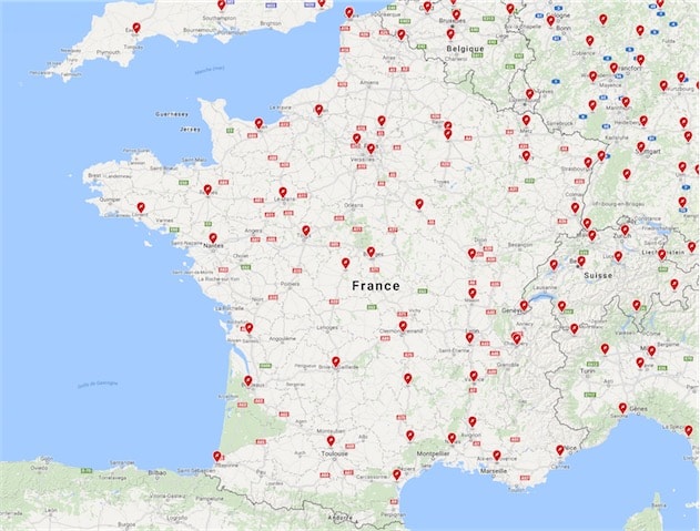 Carte des superchargeurs actuellement en service en France. Cliquer pour agrandir