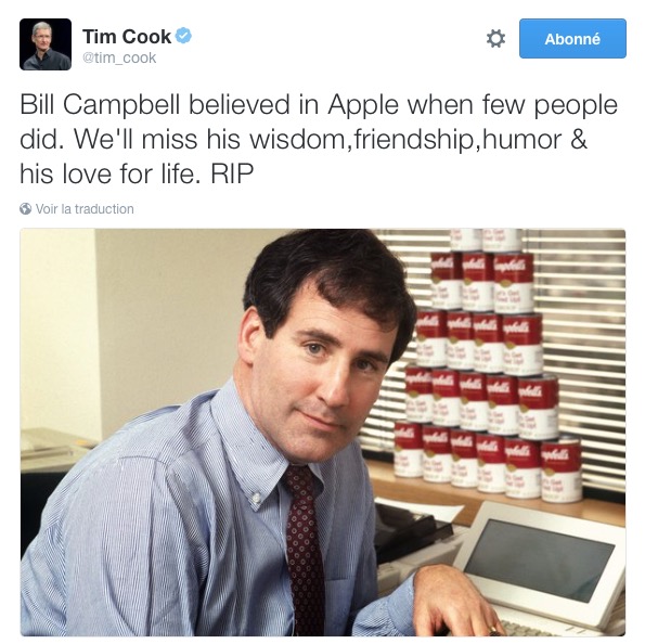 Parmi tous les hommages, celui de Tim Cook, qui a connu Bill Campbell, notamment après le départ de Steve Jobs.