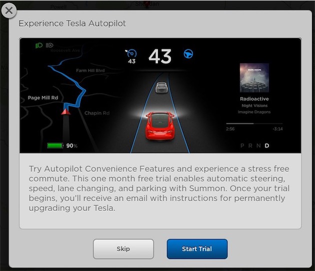 Si vous n’avez pas cédé aux sirènes du pilotage automatique, votre Tesla vous proposera un essai gratuit d’un mois…