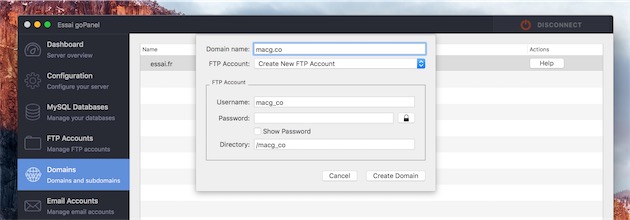 Création d’un nom de domaine, associé à un compte FTP existant, ou à un nouveau compte. C’est goPanel qui se charge de configurer le serveur en fonction.