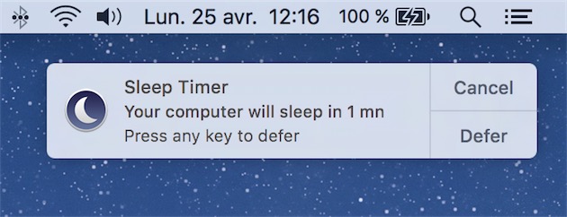 Quand la notification apparaît, on a encore une minute pour interrompre l’arrêt programmé. Il suffit, pour cela, d’appuyer sur n’importe quelle touche pour gagner 10 minutes, ou de cliquer sur le bouton « Defer » pour choisir une autre durée.
