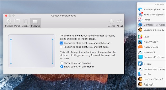 Contexts affiche aussi cette interface sur la droite (ou la gauche) de l’écran et permet de cliquer sur un élément pour l’afficher. Ou alors en utilisant un trackpad, on peut glisser sur le côté pour sélectionner rapidement une fenêtre. 
