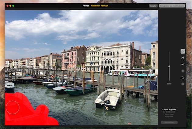 L’extension Photos de Pixelmator en fait plus, avec plusieurs outils pour modifier les photos. Ici, l’outil de retouche qui sert à enlever un élément d’une image. — Cliquer pour agrandir