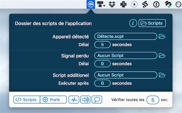 Interface de gestion des scripts : on ne peut associer qu’un seul script à chaque action, mais on a aussi l’option pour retarder légèrement le lancement du script.