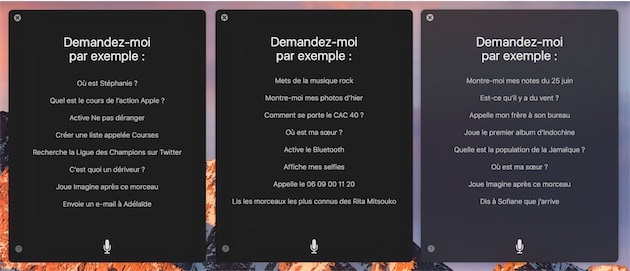 Comme sur iOS, macOS propose de nombreux exemples pour inciter l’utilisateur à tester des commandes vocales. — Cliquer pour agrandir