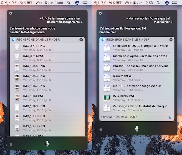 Deux exemples de la prise en charge des fichiers par Siri. — Cliquer pour agrandir