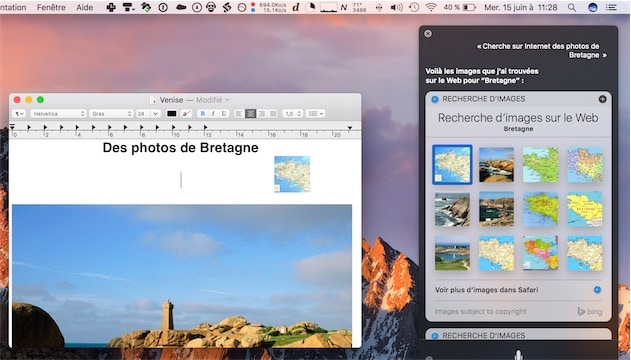 Ici, on glisse un résultat de recherche (une image en l’occurence) depuis Siri, vers un document TextEdit. — Cliquer pour agrandir