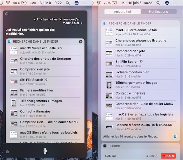 Les résultats de recherche les plus intéressants peuvent être conservés dans le Centre de notifications de macOS. Ici, une recherche dans le Finder, qui sera mise à jour automatiquement par le système. — Cliquer pour agrandir