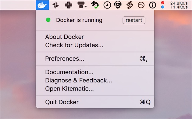 Docker macOS prend place dans la barre des menus.
