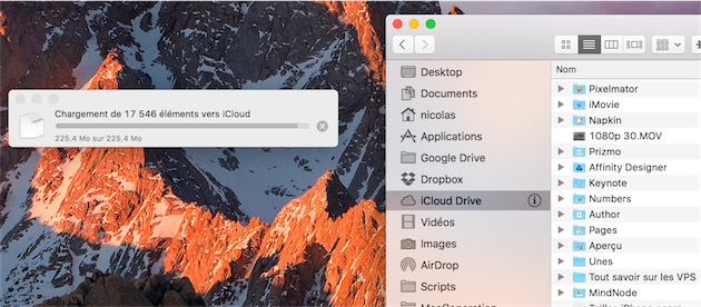 En passant la souris sur l’icône au niveau d’iCloud Drive dans la barre latérale du Finder, on obtient désormais un « i ». Et on peut le cliquer pour avoir une idée des progrès de la tâche en cours. 