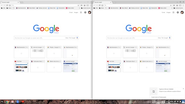 En ouvrant une deuxième fenêtre, Chrome OS répartit les deux côte à côte si la définition est suffisante. 