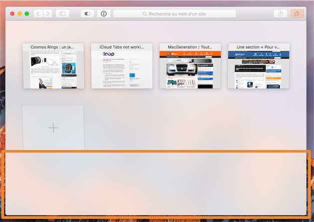 Dans la vue dédiée aux onglets (icône orangée en haut à droite), on avait auparavant une section dédiée aux onglets iCloud (encadré orange). Celle-ci n’est plus proposée avec la dernière bêta de macOS Sierra. Cliquer pour agrandir