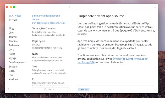 Simplenote sur Mac. Cliquer pour agrandir