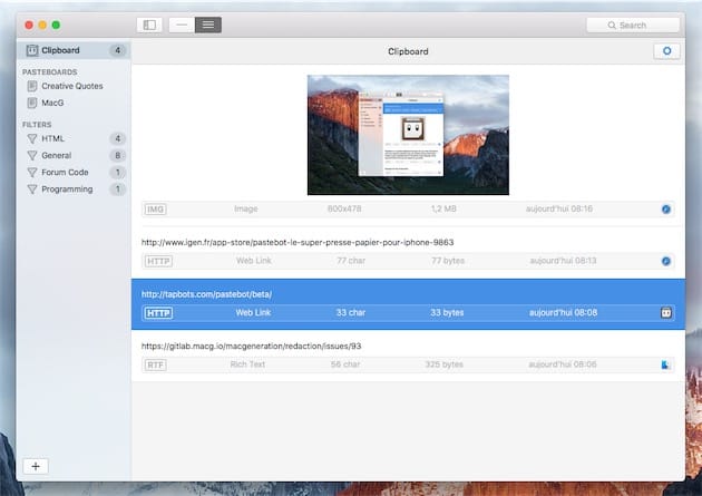 Pastebot en action sur macOS. Cliquer pour agrandir