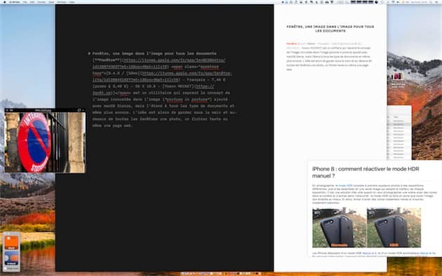 Deux éléments ouverts avec Fenêtre sur cet écran : une image sur le côté gauche et un document Markdown en bas à droite. Cliquer pour agrandir