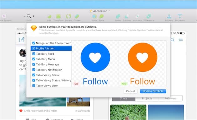Interface de mise à jour affichée dans Sketch 47 quand un fichier repose sur des symboles et qu’ils ont été mis à jour. Les changements doivent encore être validés dans chaque document, pour éviter les problèmes et contrôler le processus. Cliquer pour agrandir