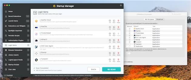 À gauche, Startup Manager avec la liste d’éléments ouverts ç la connexion. Sur la droite, le panneau « Utilisateurs et groupes » des Préférences Système qui affiche cette même liste. Cliquer pour agrandir