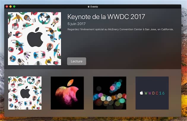 Écran d’accueil d’Apple Events, avec les derniers keynote encore disponibles. Cliquer pour agrandir