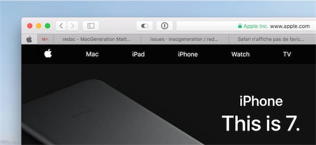 Safari dispose d’une fonction spécifique pour conserver en permanence un site dans la barre d’onglets, ici à gauche. Cette fonction n’utilise pas le favicon du site toutefois, mais une icône spécifique que très peu de sites prennent en charge. Cliquer pour agrandir